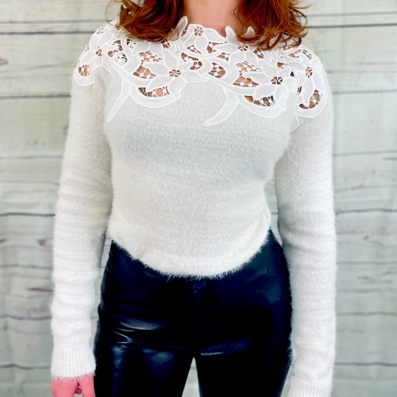 Lace Detail Fuzzy Sweater - Picture 1 of 4